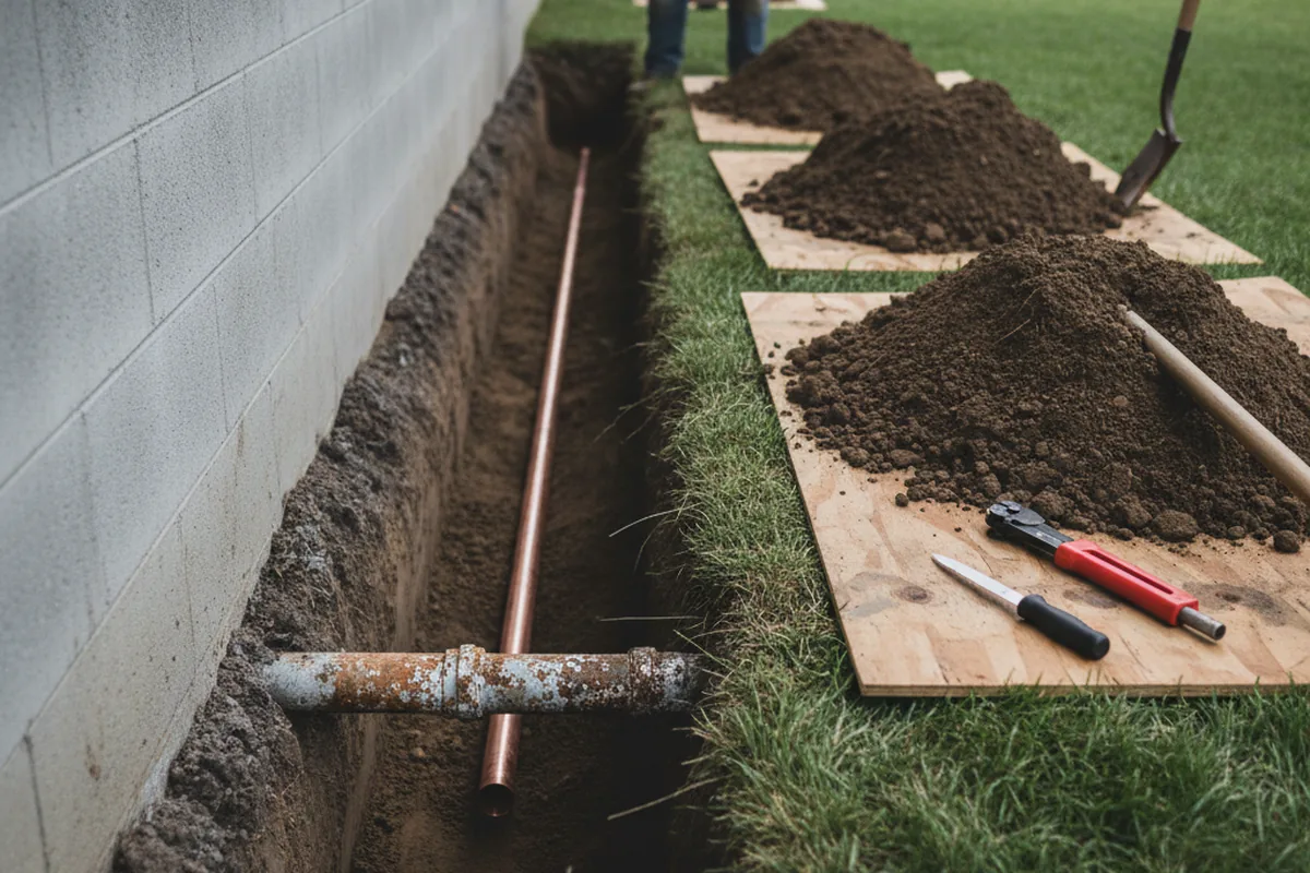Excavated water line trench during Water Heater Repair in Burlington